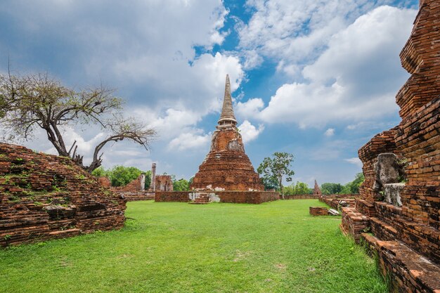 Ruins of buddha statues and pagoda of Wat Mahathat in Ayutthaya historical park, Thailand