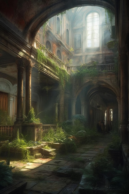 The ruins of a building that is overgrown with plants