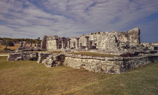 Ruins of buildings dating back to the Mayan civilization in the Tulum complex in Mexico