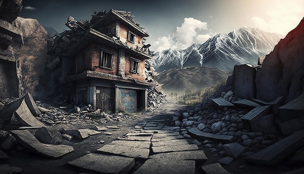 Ruins of a buildings with a crack in the ground after an earthquake city view on background Generated AI