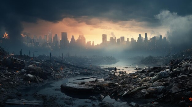 Photo ruins of a city apocalyptic landscape3d illustration concept