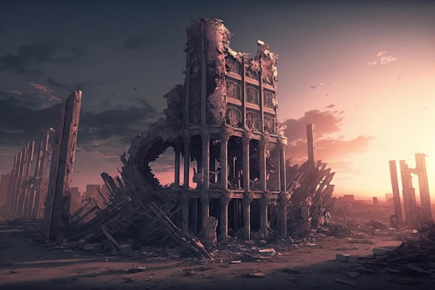 Ruins of a city totally destroyed during the Third Nuclear World War foggy sky background