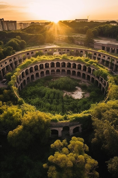 The ruins of the colosseum are surrounded by trees and the sun is setting.