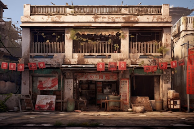 The ruins of a dilapidated shuttered Chinese style store