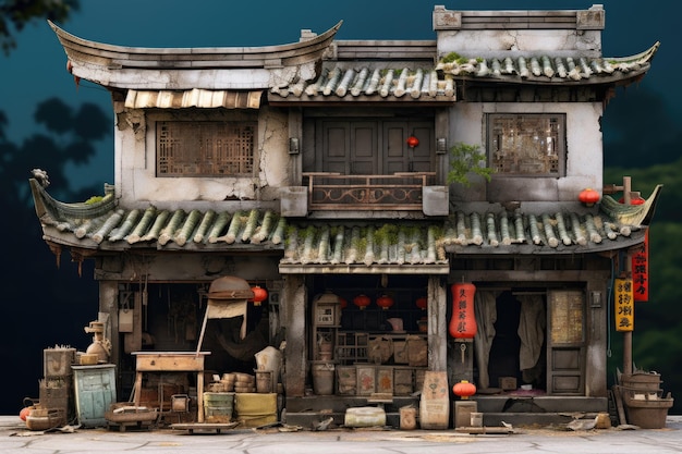 The ruins of a dilapidated shuttered Chinese style store