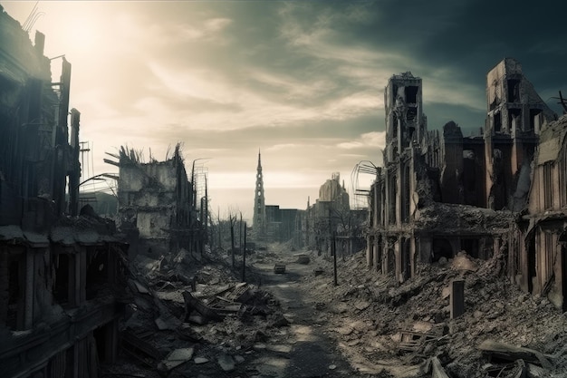 Ruins of an empty city damaged in the war in the style of surrealistic horror Generative AI