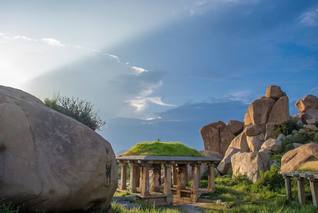 Ruins of Hampi, ancient capital of Vijayanagar empire and its beautiful nature and temples