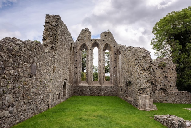 Ruins of Inch Abbey in Northern Ireland, United Kingdom. This ruined monastery is located near Downpatrick, County Down.