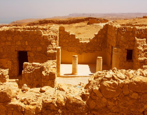 Ruins at Masada with Dead Sea in background