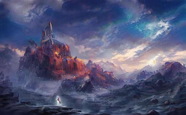 Ruins of medieval castle on cliff in mountains Fantastic magical landscape of mountains at sunset Old castle in fairyland fairy tale 3d illustration