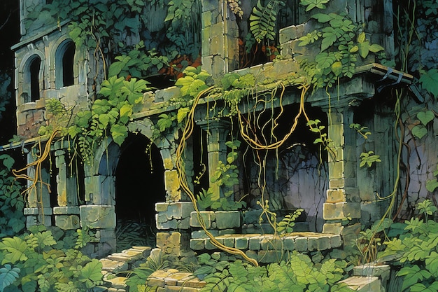 Ruins of a medieval castle in the jungle Fantasy illustration