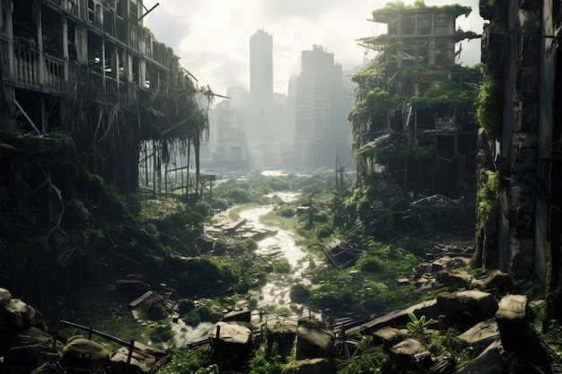 The ruins of old buildings in the jungle Apocalyptic city ruins taken over by jungle AI Generated