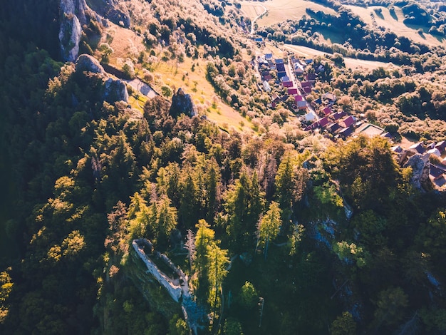 Ruins of the old castle Vrsatec Vrsatec rocks White Carpathian mountains in Slovak republic Seasonal natural scene Hiking theme