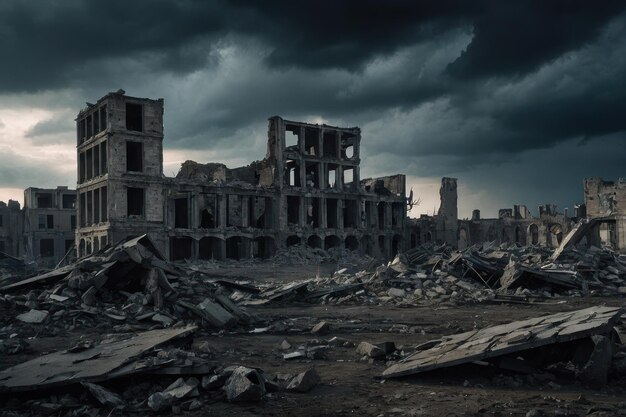 Ruins of an old destroyed building under stormy sky