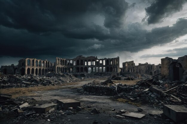 Ruins of an old destroyed building under stormy sky