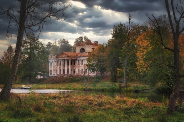 Ruins of an old estate Umiastowski in the village of Zhemyslavl in late autumn with a dramatic sky Belarus Grodno region