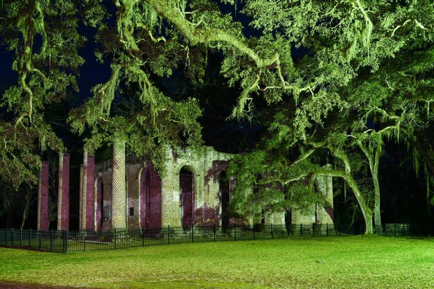 Ruins of the old Sheldon Church on a historic site in northern Beaufort County near Yemassee South Carolina at night