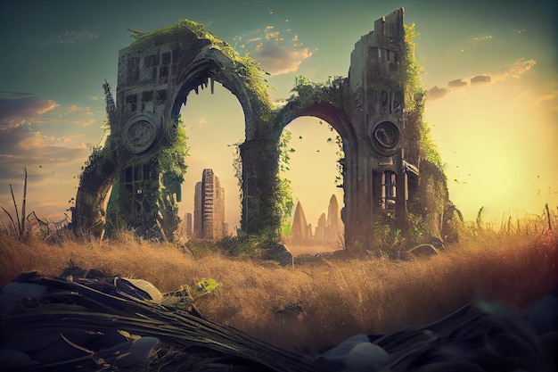 Ruins overgrown with forest Futuristic ruined city Generative AI Generative AI