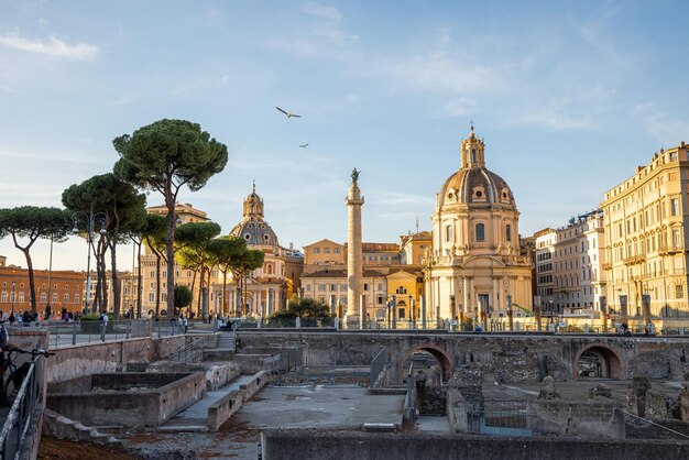 Ruins at Roman Forum in Rome on sunset