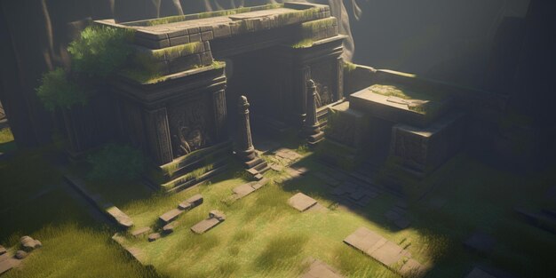 The ruins of the temple are covered in moss.