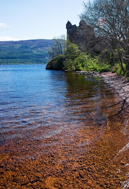 Ruins of the Urquhart Castle in Loch Ness in Scotland. Loch Ness is a city in the Highlands in Scotland in the United Kingdom.