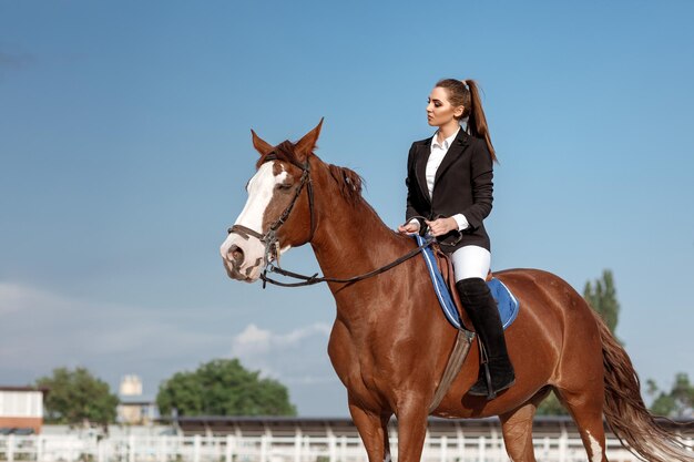 Ruiter elegante vrouw die haar paard buiten berijdt