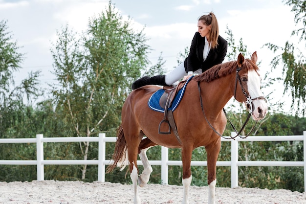 Ruiter elegante vrouw die haar paard buiten berijdt