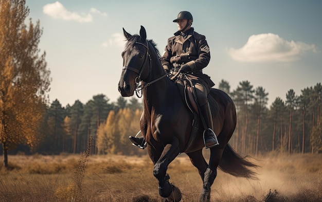 ruiter jockey in uniform paardrijden buiten zonnige dag professionele reclame ai gegenereerd