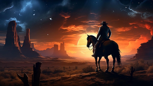 Ruiter zittend op een paard voor een prachtige zonsondergang achtergrond met canyons poster