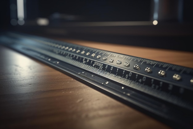 A ruler is on a wooden table with the numbers 1 and 2.