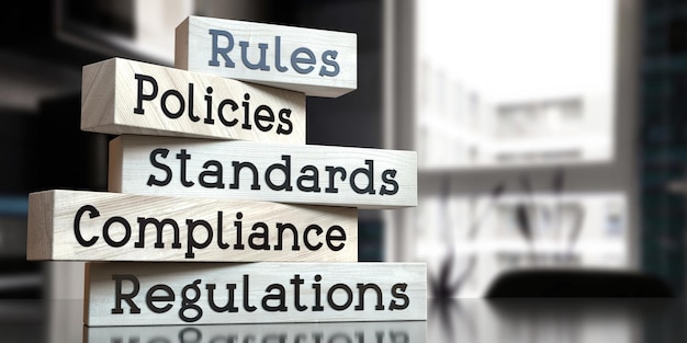 Фото Правила, политики, стандарты, стандарты, правила, слова на деревянных блоках, 3d иллюстрация