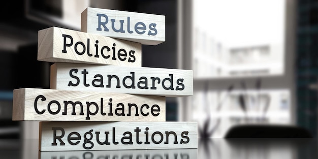 Rules policies standards compliance regulations words on wooden blocks 3D illustration