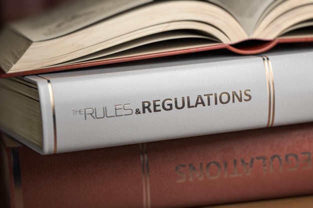 Rules and regulations book Law rules and regulations concept