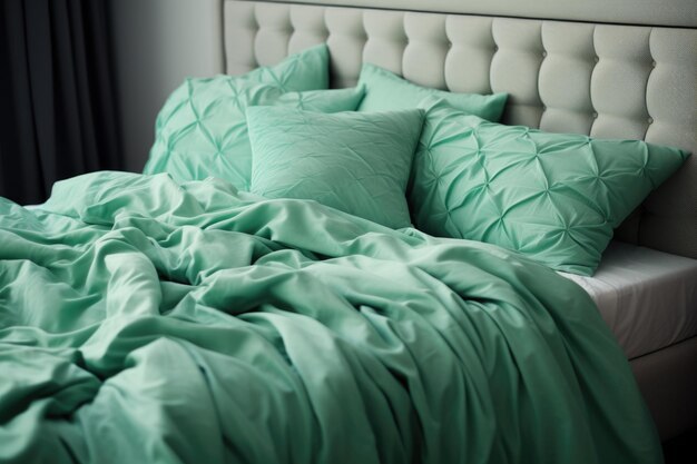 Rumpled mintcolored bed on the bed