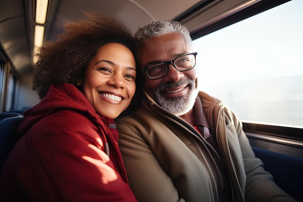 Run away from everyone to be alone with your loved one A middleaged couple rides a train smiling thoughtfully enjoy each other