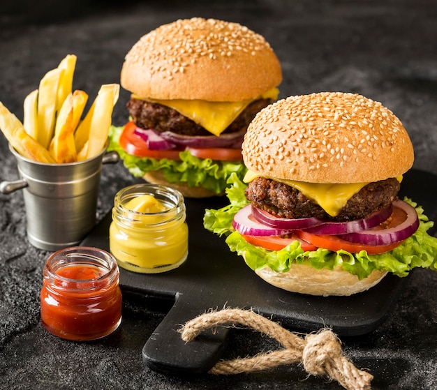 Runderburgers op een snijplank met friet en saus