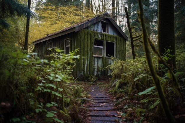 Foto cottage in rovina inghiottito dalla foresta