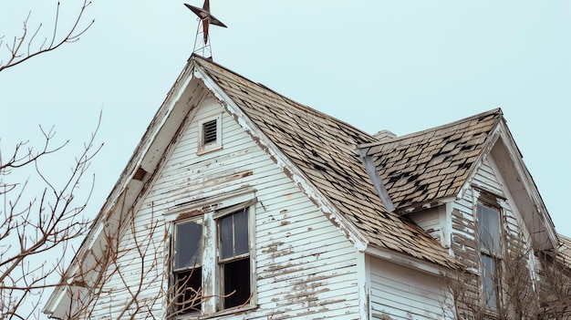 Photo a rundown house with a star weathervane on the roof the house is painted white but the paint is peeling