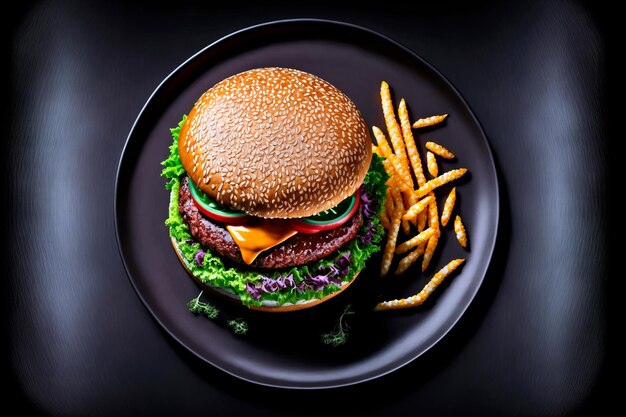 Rundvleesburger en frietjes op houten tafel geïsoleerd op zwarte achtergrond