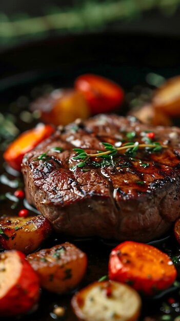 Rundvleessteaks met gebakken aardappelen op een houten bord close-up