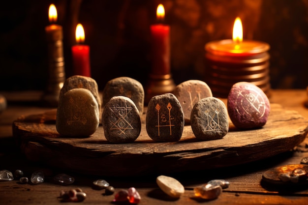Rune stones with symbols and candles on a wooden table.