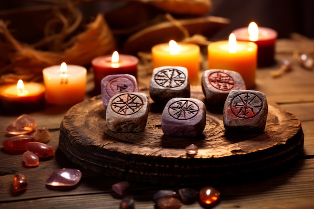 Rune stones with symbols and candles on a wooden table.