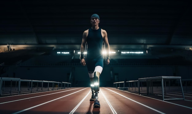 Runing man with prothesis Athlete with disability on a track Generative AI