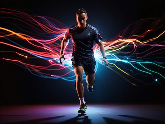 Runner in action with ball on black background with colored light lines