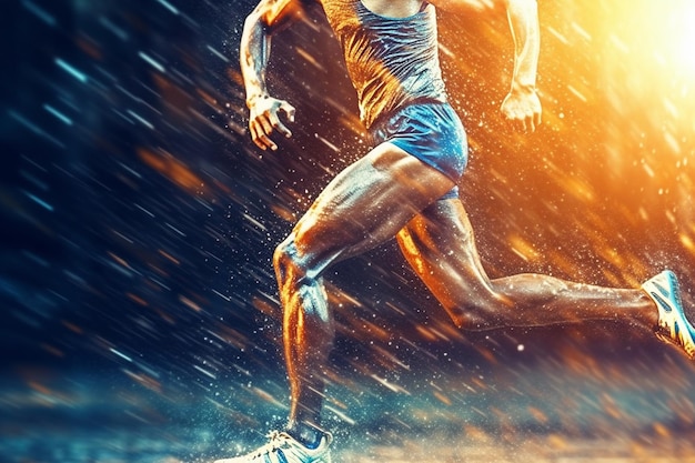 Бегун-спортсмен бежит на полной скорости на красочном фоне с огнями