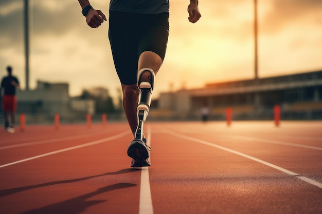 Foto corridore atleta che corre sulla pista di corsa nello stadio sport e concetto di stile di vita sano corridore maschio disabile con gamba protesi disabile uomo sullo sport corsa centro sportivo ai generato