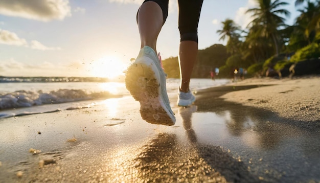 Runner athlete running on tropical beach woman fitness jogging workout wellness concept