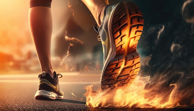 Runner feet in burning sneakers runs down the street with fire trails sportsman shoes low angle