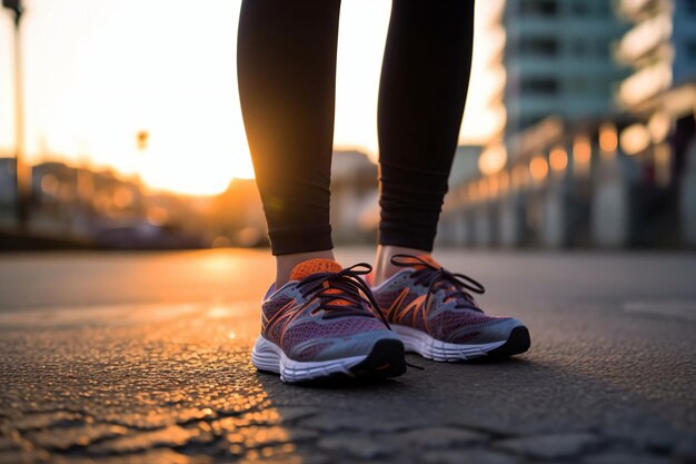 Runner feet running on road closeup on shoe woman fitness sunrise jog workout welness concept