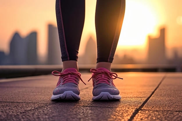 Runner feet running on road closeup on shoe woman fitness sunrise jog workout welness concept